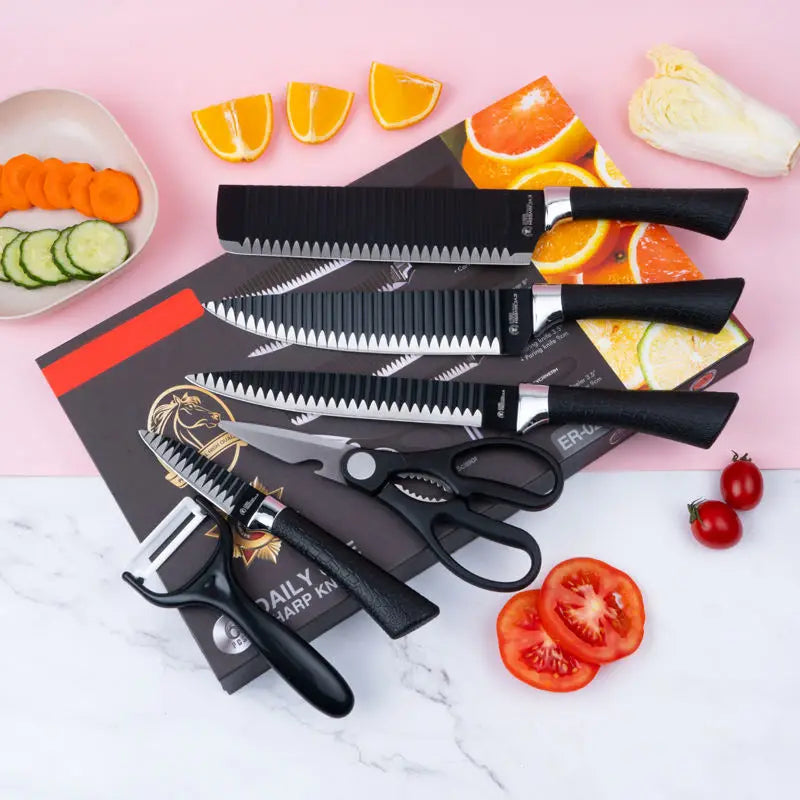 In Stock 6 Pieces Scissor Vegetable Fruit Peeler Sharp Stainless Steel Kitchen Knives Set Non-stick Coating Knife Set With Gift