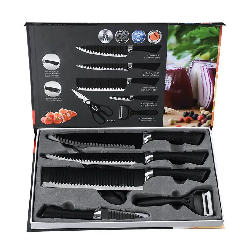 In Stock 6 Pieces Scissor Vegetable Fruit Peeler Sharp Stainless Steel Kitchen Knives Set Non-stick Coating Knife Set With Gift